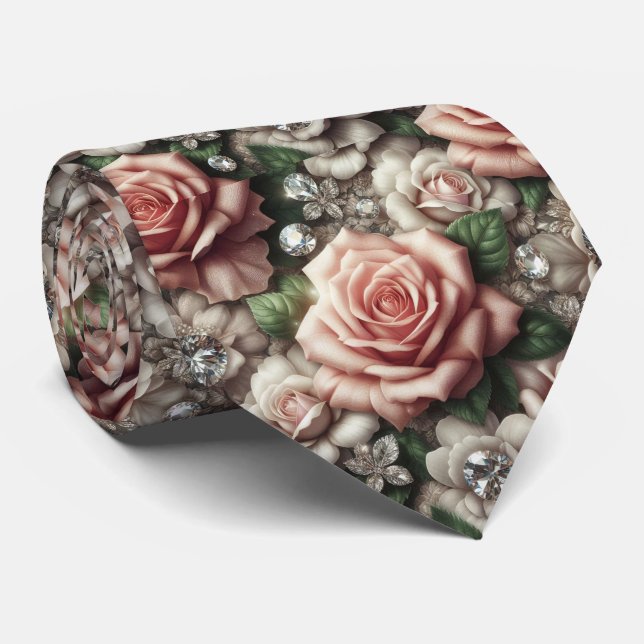 Luxury Wedding Neck Tie | Pink Roses & Diamonds (Rolled)