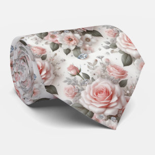 Luxury Wedding Neck Tie   Pink Roses & Diamonds