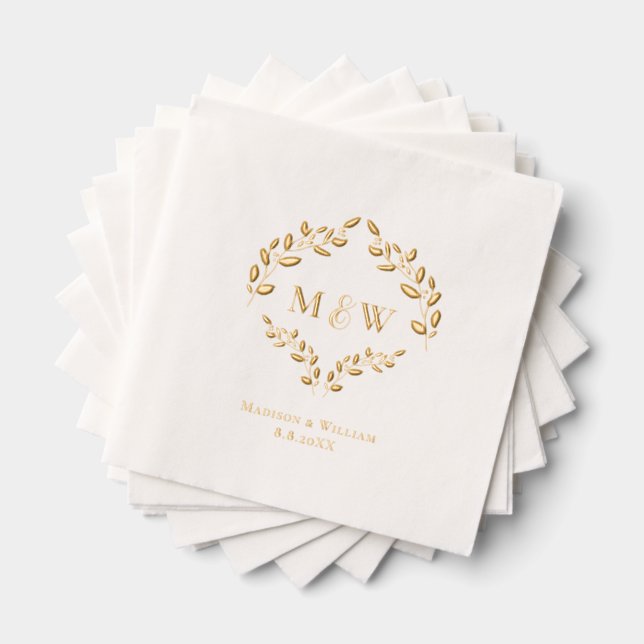 Luxury Wedding Real Gold foil leaf Monogram Crest Napkins (Insitu (Stacked))
