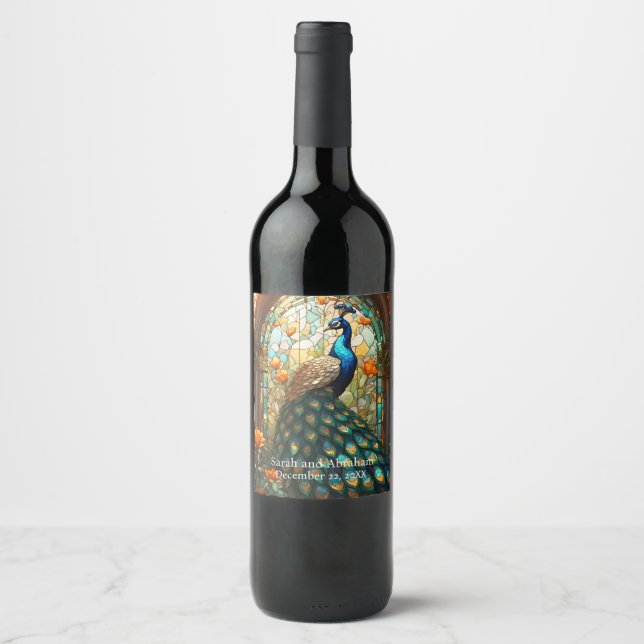 Luxury Wedding: Stained Glass Peacock Wine Labels (Front)