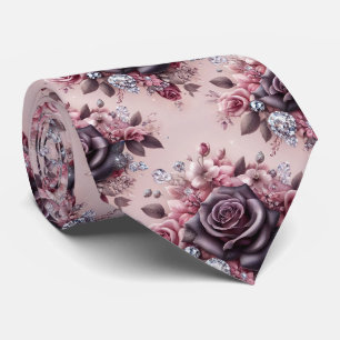 Luxury Wedding Tie Pink Purple Roses & Diamonds