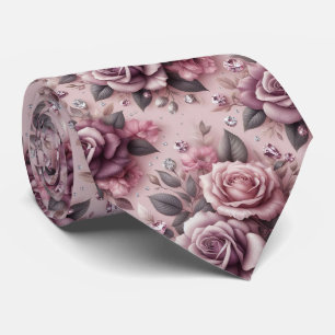 Luxury Wedding Tie   Pink Purple Roses & Diamonds