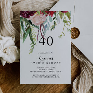 Luxury Whimsical Boho Floral 40th Birthday Party  Invitation