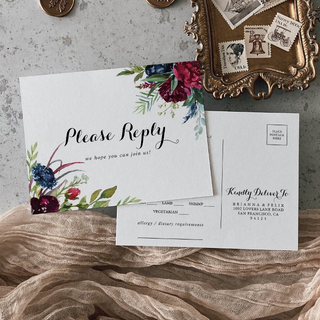 Luxury Whimsical Boho Floral Menu Choice RSVP  Postcard (Creator Uploaded)
