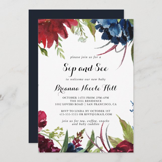 Luxury Whimsical Boho Floral Sip and See  Invitation (Front/Back)