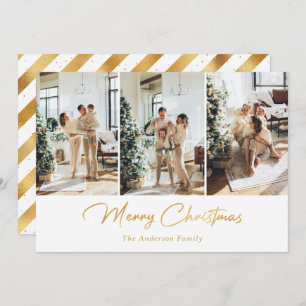 Luxury White and Gold 3 Photo Merry Christmas Holiday Card