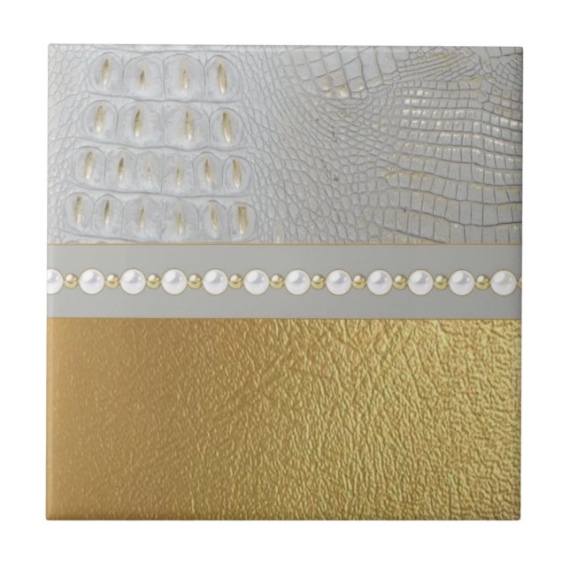 Luxury White and Gold Alligator Hide Pearls  Tile (Front)