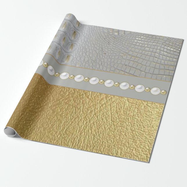 Luxury White and Gold Alligator Hide Wrapping Paper (Unrolled)