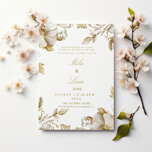 Luxury white and gold floral Wedding Invitation