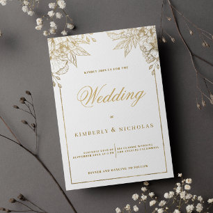 Luxury white and gold floral wedding invitation