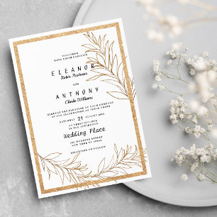 Luxury white and gold glitter leaf floral Wedding Invitation
