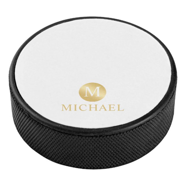 Luxury White and Gold Personalised Monogram Hockey Puck (3/4)