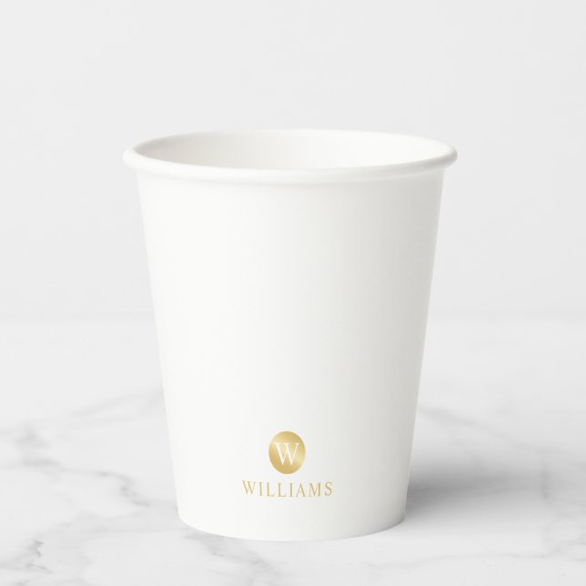 Luxury White and Gold Personalised Monogram Paper Cups (Front)