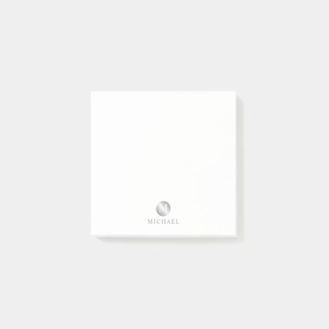 Luxury White and Silver Personalised Monogram Post-it Notes (Front)