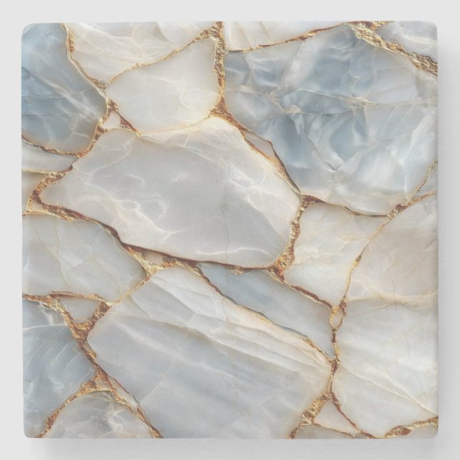 Luxury White Blue Marble & Gold Veins Agate Stone  Coaster (Front)