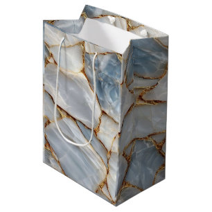Luxury White Blue Marble & Gold Veins Agate Stone  Medium Gift Bag