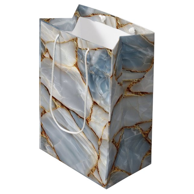 Luxury White Blue Marble & Gold Veins Agate Stone  Medium Gift Bag (Front Angled)