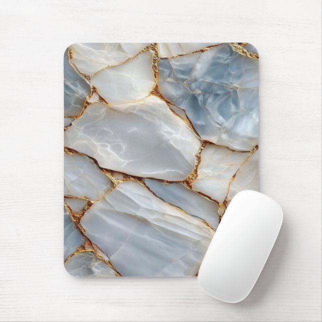 Luxury White Blue Marble & Gold Veins Agate Stone  Mouse Pad (With Mouse)