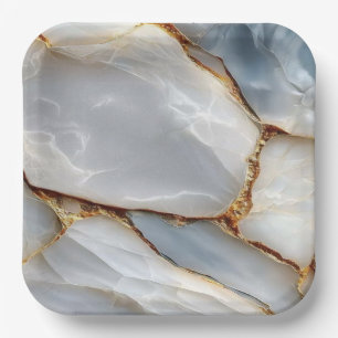 Luxury White Blue Marble & Gold Veins Agate Stone Paper Plate