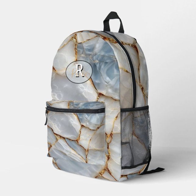 Luxury White Blue Marble & Gold Veins Agate Stone  Printed Backpack (Back Corner Right)