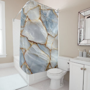 Luxury White Blue Marble & Gold Veins Agate Stone Shower Curtain