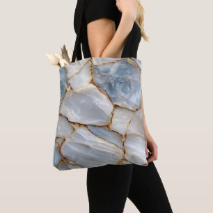 Luxury White Blue Marble & Gold Veins Agate Stone Tote Bag