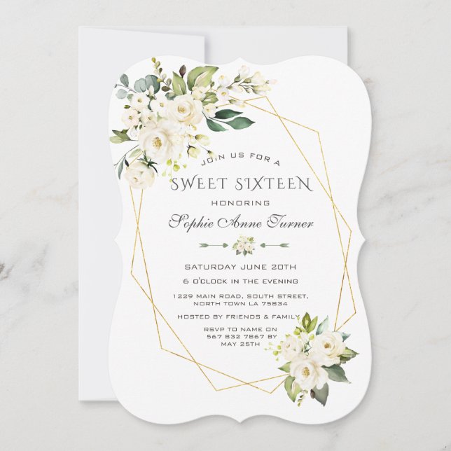 Luxury White Cream Floral Gold Frame Sweet Sixteen Invitation (Front)