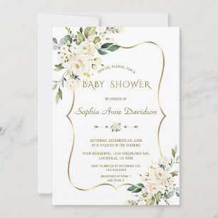 Luxury White Cream Flowers Gold Baby Shower Invitation