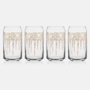 Luxury white elegant gold glitter drips can glass