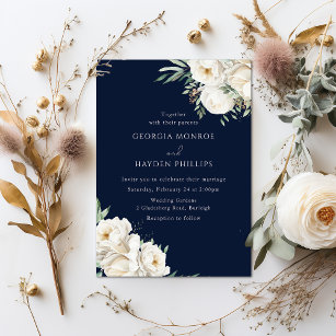 Luxury White Floral Premium Navy Wedding Invitation