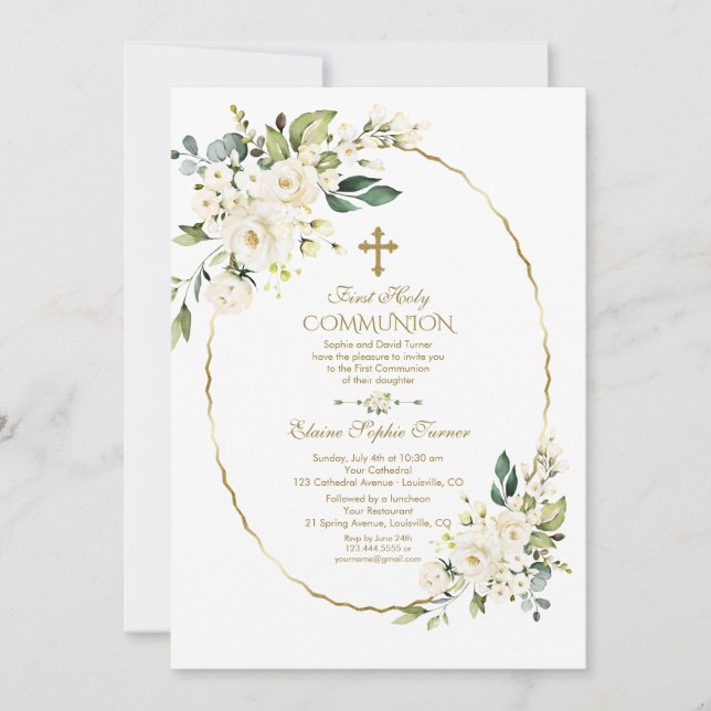 Luxury White Flowers Gold First Holy Communion Invitation (Front)