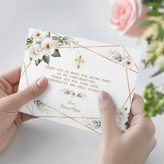 Luxury White Flowers Gold Girl Confirmation  Thank You Card (Creator Uploaded)