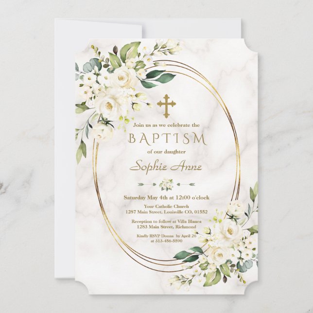 Luxury White Flowers Marble Gold Cross Baptism Invitation (Front)