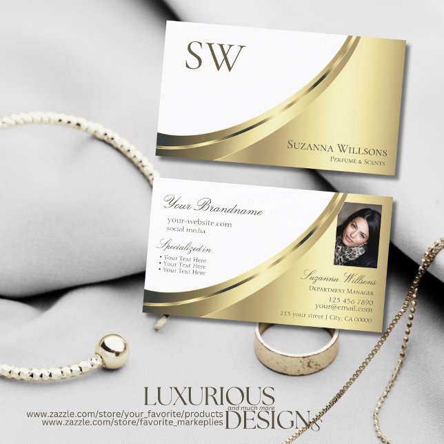 Luxury White Gold Decor with Monogram and Photo Business Card (Creator Uploaded)