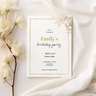 Luxury white gold elegant floral birthday invitation