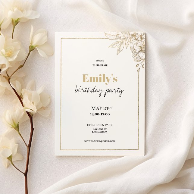 Luxury white gold elegant floral birthday invitation (Luxury white gold elegant floral birthday )