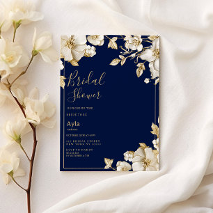 Luxury white gold floral navy blue Bridal Shower Invitation