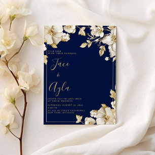 Luxury white gold floral navy blue Wedding Invitation