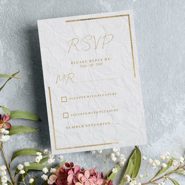 Luxury white gold french floral lace Wedding RSVP  Invitation (Luxury white gold french floral lace Wedding RSVP )