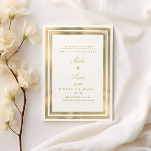 Luxury white gold geometric frame Wedding Invitation