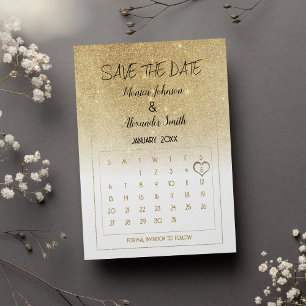 Luxury White Gold Glitter Calendar Save the Date  Announcement Postcard