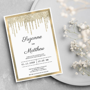 Luxury white gold glitter drips wedding invitation