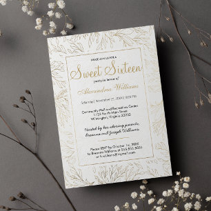 Luxury white gold glitter foliage floral Sweet 16 Invitation