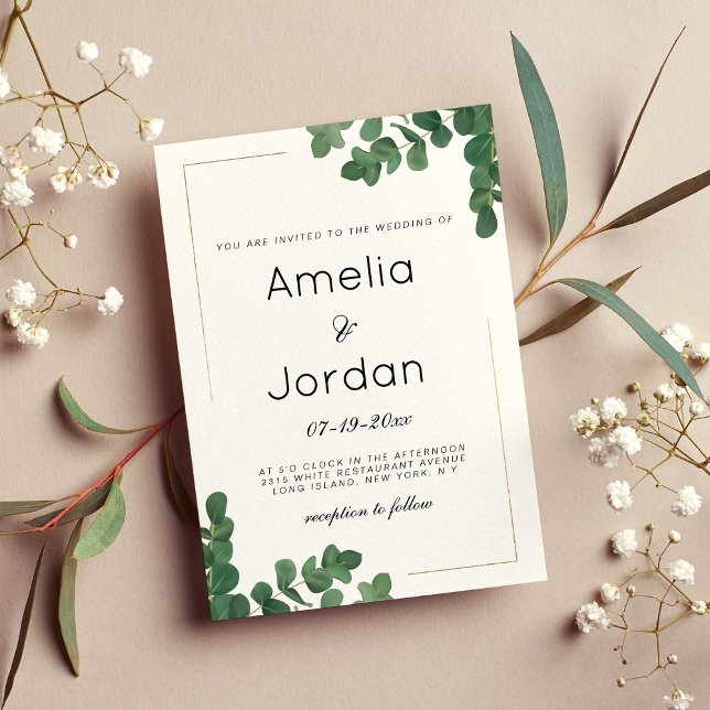 Luxury white gold green eucalyptus leaves wedding invitation (Luxury white gold green eucalyptus leaves wedding )