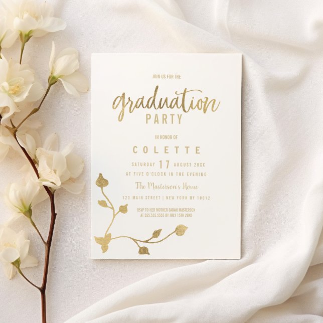 Luxury white gold leaf stem glam Graduation Party Invitation (Luxury white gold leaf stem glam Graduation Party )