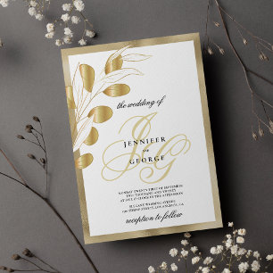 Luxury white gold monogram initials floral wedding invitation