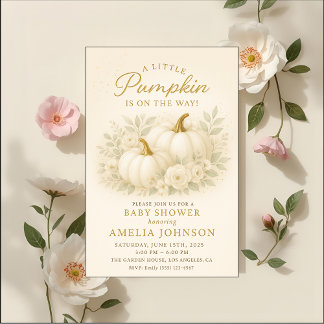 Luxury White & Gold Pumpkin Baby Shower Invitation