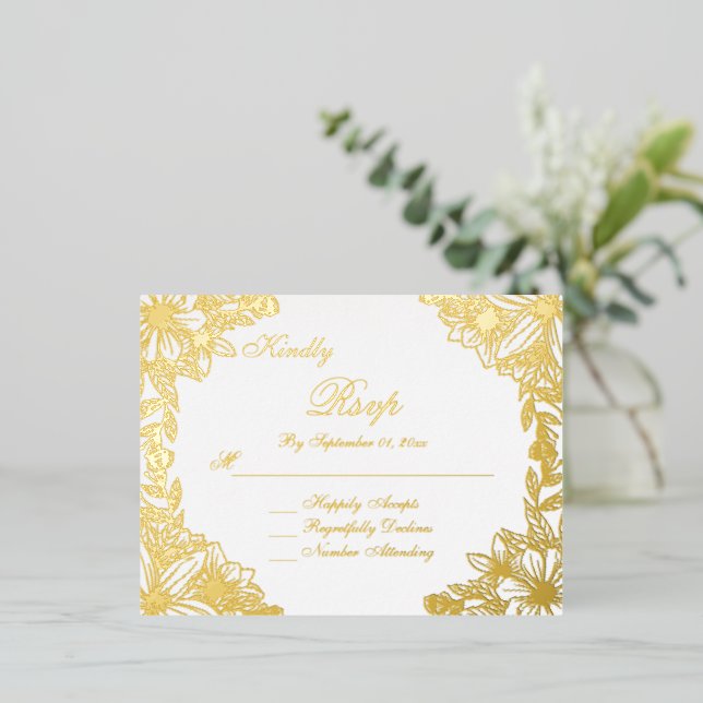 Luxury White & Gold Script Wedding RSVP Card (Standing Front)
