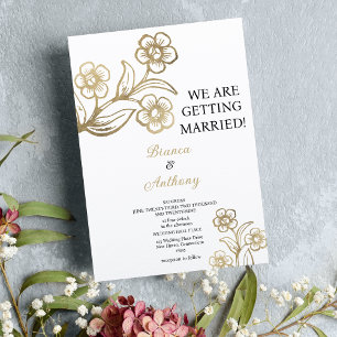 Luxury white gold typography floral wedding invitation