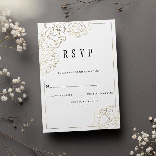Luxury white gold typography peony floral RSVP  Invitation
